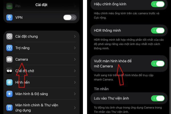 Tắt Vuốt màn hình khóa để mở Camera