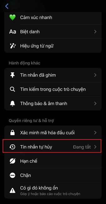 Cách bật thông báo khi bị chụp màn hình tin nhắn Messenger 12 Chọn mục "Tin nhắn tự hủy"