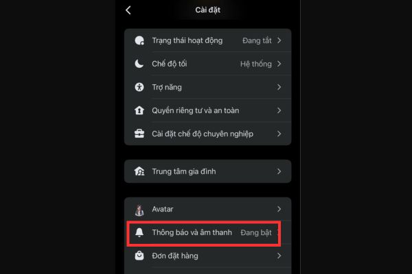 Chọn mục Thông báo và âm thanh