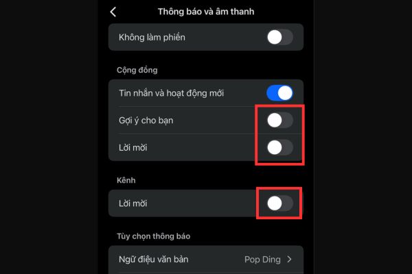 Tắt những mục sau