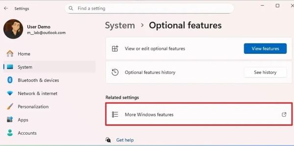 Chọn More Windows features