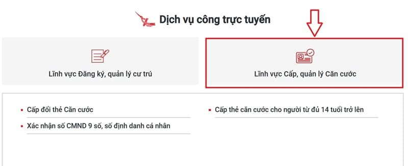 Cách đăng ký làm căn cước cho trẻ dưới 14 tuổi online tại nhà 18 Chọn vào mục ‘Lĩnh vực cấp, quản lý căn cước’