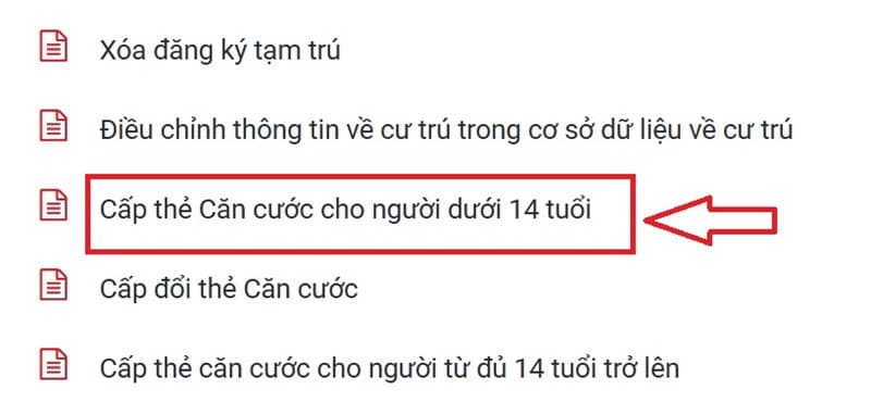 Cách đăng ký làm căn cước cho trẻ dưới 14 tuổi online tại nhà 19 Chọn mục ‘Cấp thẻ căn cước cho người dưới 14 tuổi’