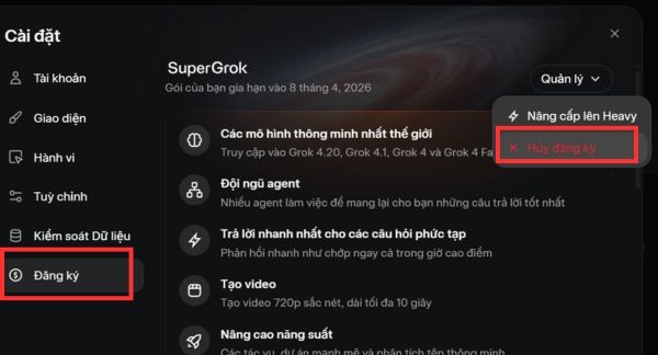 Chọn Hủy gói đăng ký