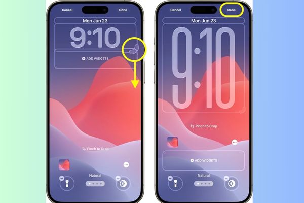 Cách phóng to đồng hồ màn hình khoá iPhone iOS 26 13 Nhấn giữ và kéo cung tròn này xuống dưới