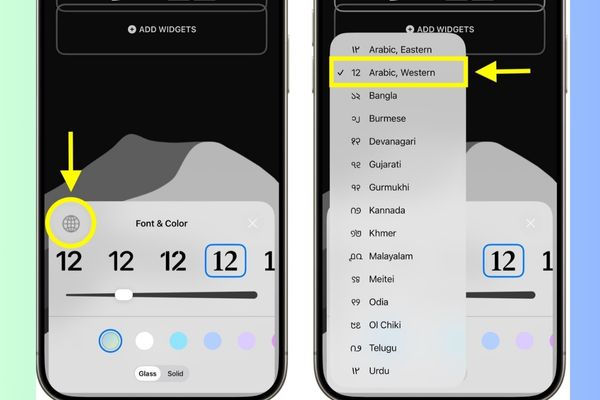 Cách phóng to đồng hồ màn hình khoá iPhone iOS 26 14 Chọn bộ ký tự là Arabic, Western