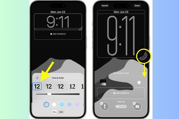 Cách phóng to đồng hồ màn hình khoá iPhone iOS 26 15 Chọn phông chữ đầu tiên ở ngoài cùng bên trái