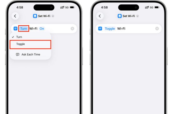 Cách thêm nút WiFi Bluetooth vào màn hình chính iPhone 15 Nhấn vào chữ Turn và đổi thành Toggle