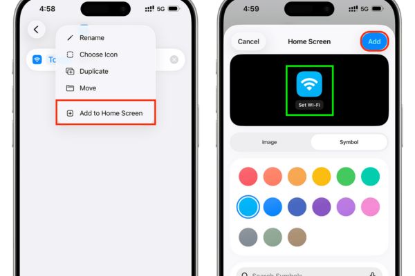 Cách thêm nút WiFi Bluetooth vào màn hình chính iPhone 16 Chọn Add to Home Screen
