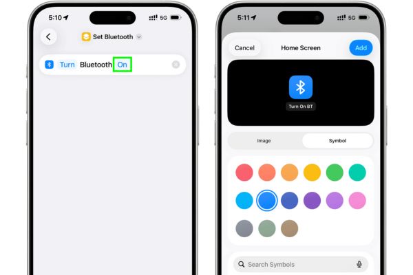 Cách thêm nút WiFi Bluetooth vào màn hình chính iPhone 18 Giữ nguyên trạng thái là "Turn Bluetooth On"