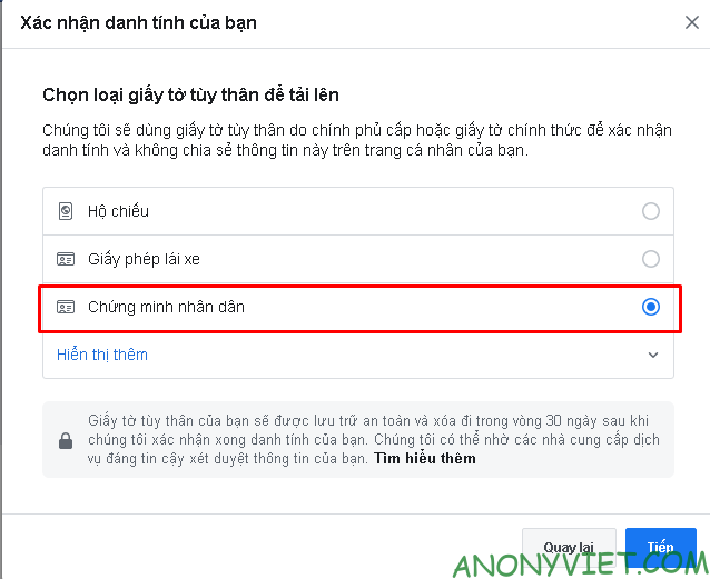 Cách vượt Xác thực 2 yếu tố cho Facebook mới nhất 17 Chọn loại giấy tờ tùy thân