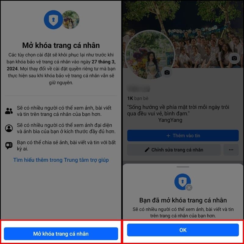 Hướng dẫn bật/tắt khóa bảo vệ trang cá nhân Facebook 13 Chọn ‘Mở khóa trang cá nhân’