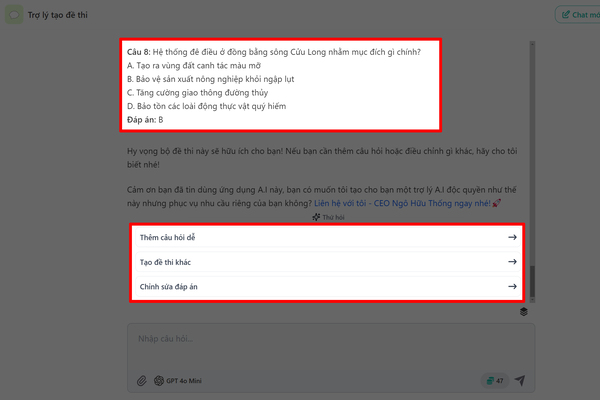 ChatBotX sẽ trả về một bộ đề thi hoàn chỉnh