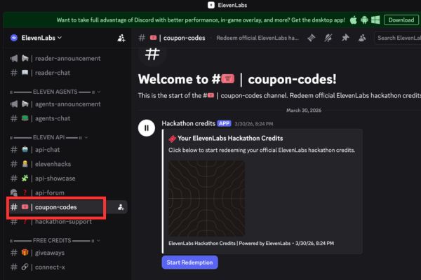 Hướng dẫn nhận 1 tháng ElevenLabs Creator miễn phí trị giá $22 13 Bấm chọn vào kênh có tên là #coupon-codes.