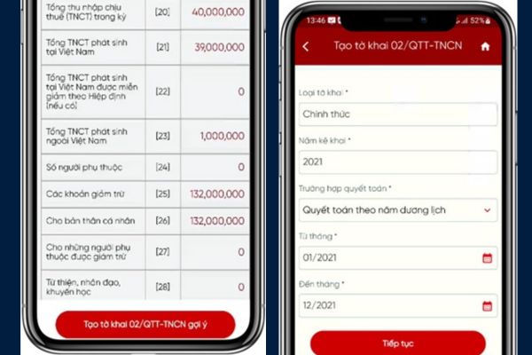 Hướng dẫn quyết toán thuế TNCN trên Etax Mobile 14 Nhấn Tạo tờ khai 02/QTT-TNCN gợi ý