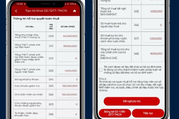Hướng dẫn quyết toán thuế TNCN trên Etax Mobile 15 Nhấn Đề nghị bù trừ