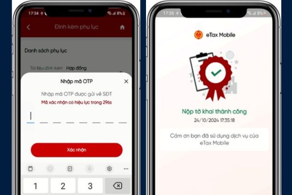 Hướng dẫn quyết toán thuế TNCN trên Etax Mobile 17 Nhập OTP và chọn Xác nhận