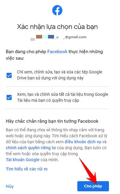 cho phep fb copy len google