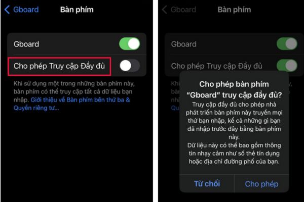 Hướng dẫn tạo GIF bằng bàn phím Gboard trên iPhone 10 Bật chế độ Cho phép Truy cập Đầy đủ