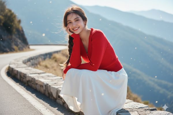 Hướng dẫn tạo ảnh sống ảo tại đèo Mã Pí Lèng với AI 12 Concept 2: Dáng ngồi cá tính ven đường
