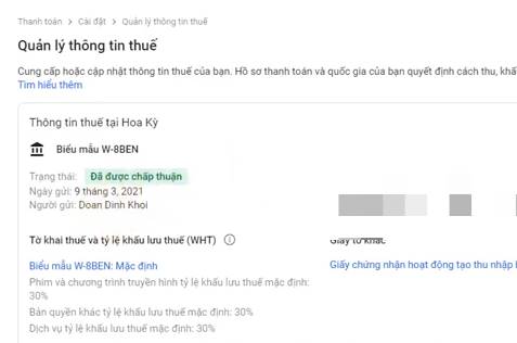 Hướng dẫn xác minh Thuế Google Adsense Việt Nam mới nhất 30 xác minh thuế adsense trạng thái đã được chấp thuận