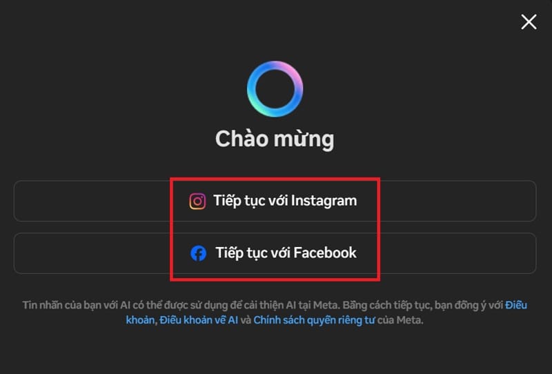 Meta AI: Hướng dẫn truy cập và sử dụng siêu đơn giản 12 Chọn đăng nhập bằng tài khoản Facebook hoặc Instagram