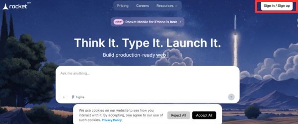 Nhận gói 100$ trên Rocket để Vide Coding - Tạo Website bằng AI 15 Nhấn vào nút Sign in/Sign up