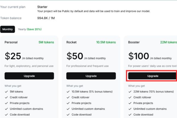 Nhận gói 100$ trên Rocket để Vide Coding - Tạo Website bằng AI 17 Chọn gói Booster với mức giá 100$/tháng