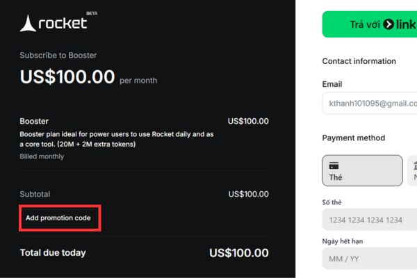 Nhận gói 100$ trên Rocket để Vide Coding - Tạo Website bằng AI 18 Chọn dòng Add promotion code