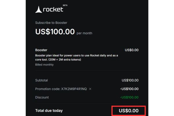 Nhận gói 100$ trên Rocket để Vide Coding - Tạo Website bằng AI 20 Cách nhận gói Booster trị giá 100$ trên Rocket