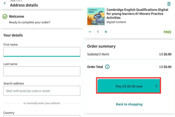 Nhận khóa học Cambridge miễn phí để luyện thi IELTS, Starters, Movers 16 Điền thông tin rồi nhấn nút Pay