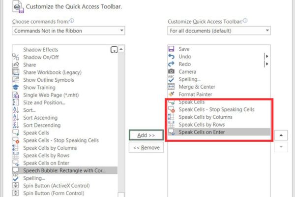 Speak Cells: Công cụ Excel đọc bảng tính bằng giọng nói cực hay 13 Nhấn Add (Thêm) sang khung bên phải