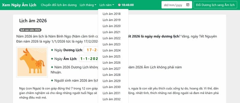 Xem Ngày Âm Lịch: Đổi lịch âm, lịch dương, ngày giờ hoàng đạo,... 12 Xem lịch âm theo năm
